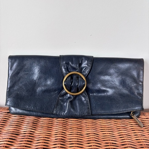 Hobo International Leather Fold Over Bow Clutch Dark Navy - Picture 1 of 16
